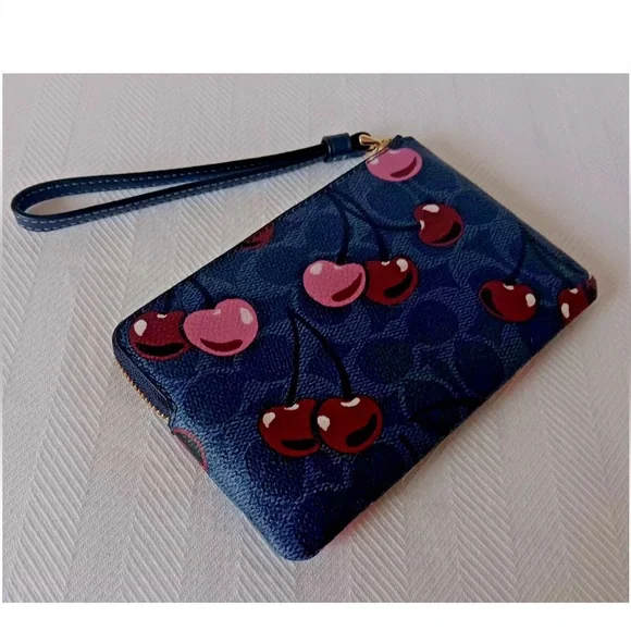 Coach Corner Zip Wristlet In Signature Canvas With Cherry Print NWT - Picture 4 of 8